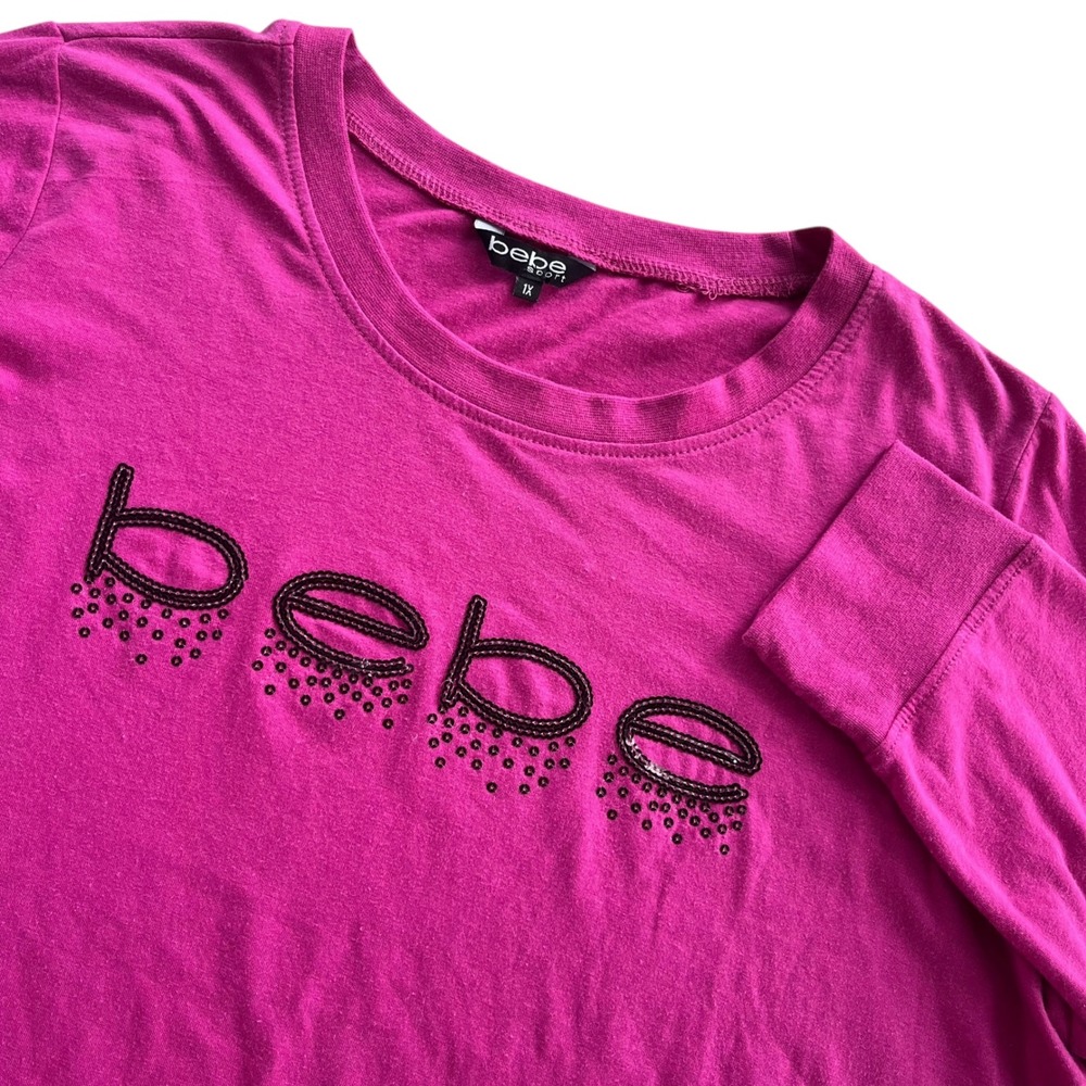 Bebe Sport Women's 1X Festival Fuchsia Black Falling Sequins Long Sleeve Top Y2K